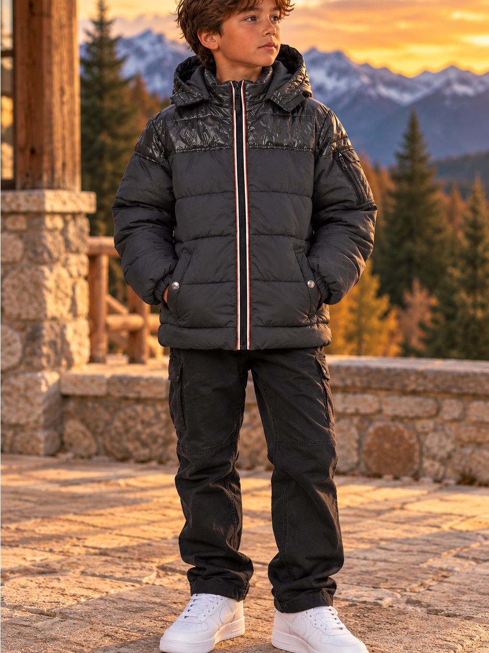 Tahari Kids 10/12 Gray Black Hooded Fleece Lined Puffer Jacket Winter